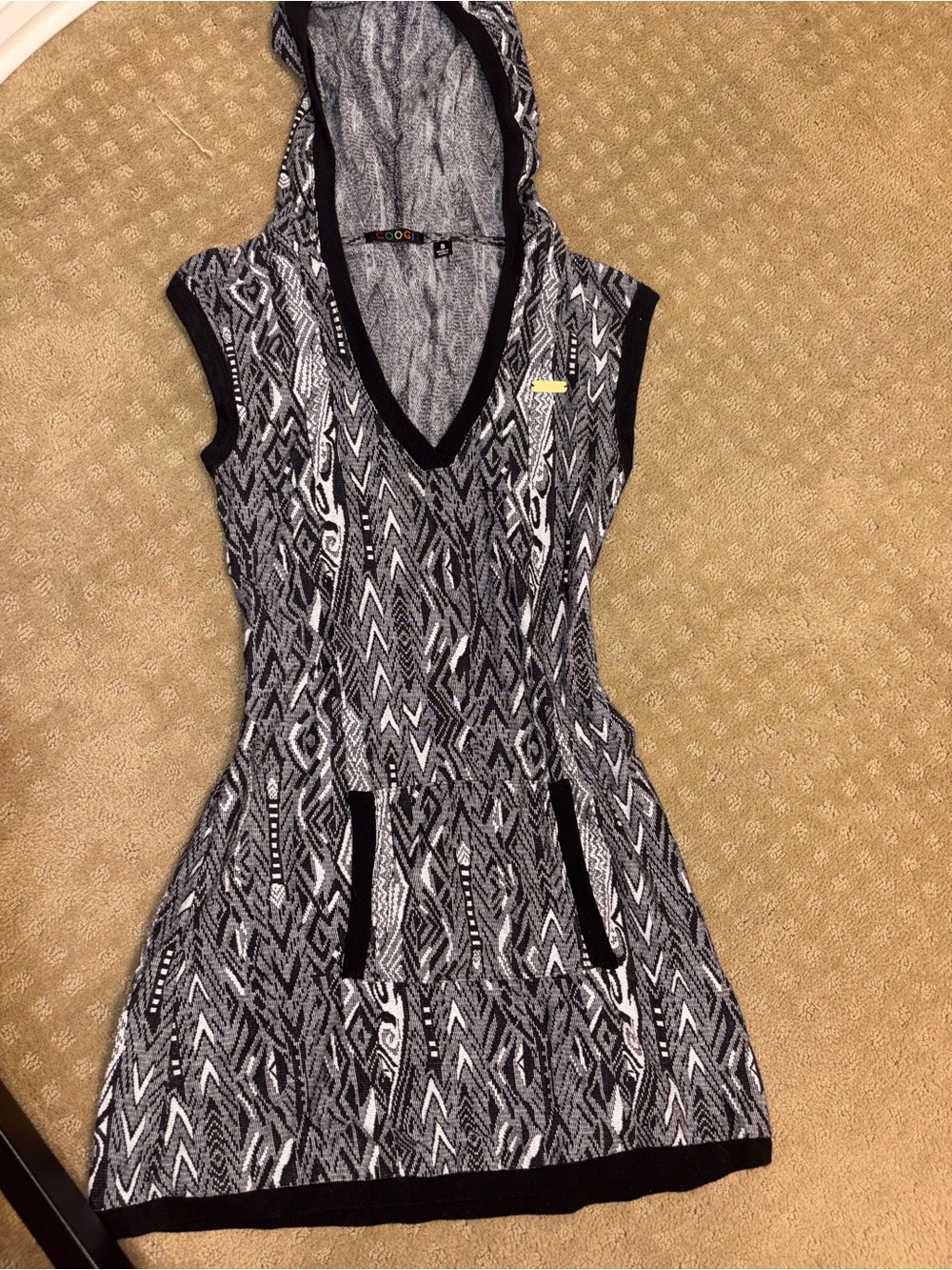 COOGI Sleeveless Hooded Mini Dress - Black & White Aztec